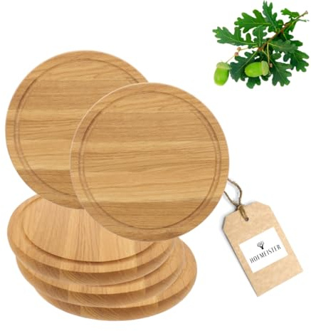 5X HOFMEISTER® Schneidebrett aus Eichen-Holz, rund 25 cm, kleines Tranchierbrett mit Saftrille, robuste Schneide-Unterlage aus Europa, einfaches Schneiden auf einem Profi-Hackbrett