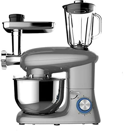 Royal Swiss - ROBOT MULTIFUNCIONAL 3 EN 1, PICADORA - LICUADORA - AMASADORA , 1400 W, 6L con 6 velocidades CUENCO DE ACERO INOXIDABLE Gris