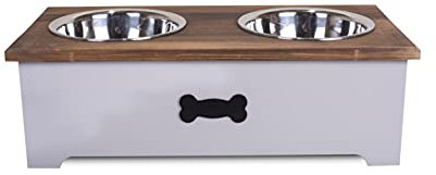 Luxury Dog Food Feeding Stand Station Stainless Double Raised Bowls Wooden Crate (Grey, Large)