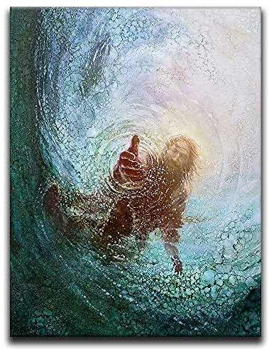 Wandkunst auf Leinwand, Vintage-Stil, Jesus, Wasser-Poster, christliches Geschenk, Motiv: Hand Gottes, Gemälde, religiöse Bilder für Wand, Heimdekoration (50,8 x 66 cm gerahmt)