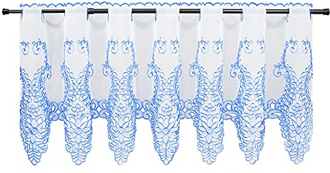 HeichkelL Scheibengardine Modern Voile mit Floralen Stickereien Transparent Kurzstore Stickereienkante Küchengardine Bistrogardine Vintage für Garten Gästezimmer Blau BxH 150x90 cm