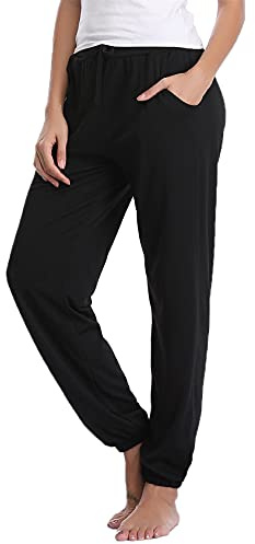 Nieery Pyjamasbyxor för kvinnor, ren bomullsbyxor med fickor, loungebyxor, lösa plusstorlek, träningsbyxor för sömn, yoga, löpning, jogging, S-XXL, Svart, XXL