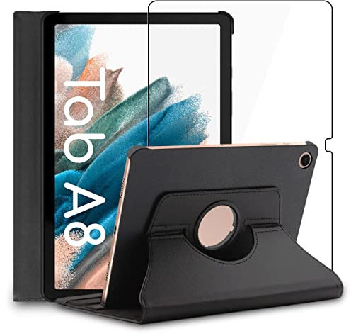 ebestStar - Cover per Samsung Galaxy Tab A8 10.5 (2021) SM-X200 X205, Custodia Protezione Rotazione 360, Pelle PU, Nero + Vetro Temperato