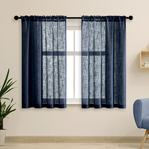 Küchenvorhänge mit Stangendurchzug, leinenstrukturiert, halbtransparente Boho-Vintage-Vorhänge fürs Jungenzimmer, Kinderzimmer oder kleines Schlafzimmerfenster, 91 x 122 cm (B x L), 2er-Set, Blau