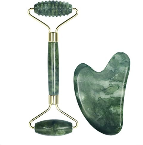 BXSMNH Gua Sha Stein & Jade Roller Gesicht Set Gesichtsroller Massagegerät 100% Natürliches Jade Echt Hautpflege Und Anti Aging Für Gesicht Augen Und Hals Strafft Die Haut Massage