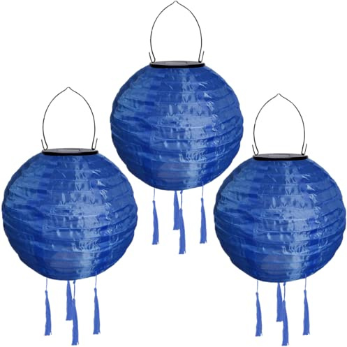 Yeehliny Solar Lampions Außen Wetterfest, 3pcs Blau, 30cm Papierlaternen aus Nylon mit Quasten, Hängende Solarlaterne für Garten Balkon