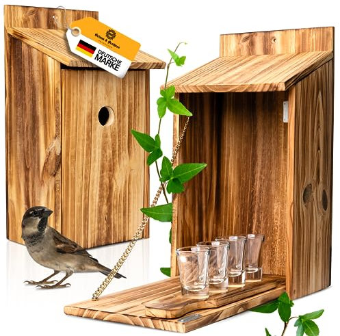 Vogelhaus Minibar mit herausnehmbarem Schnapsbrett mit 4 Schnapsgläsern Platz für Flasche Schnaps Lustige Geschenke Männer für den Garten Zwitscherbox mit mit Minibar Lustig Geschenk Geburtstag Mann