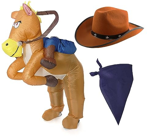 Cowboy maskeraddräkt för vuxna - uppblåsbar ridhäst, cowboyhatt och vanlig marinblå bandana
