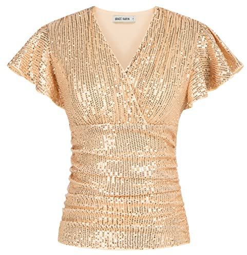 Damen Casual Top Bluse Pailletten Glitzer Tunika V-Ausschnitt Kurzarm mit Flatter Elegant Shirt Roségold M