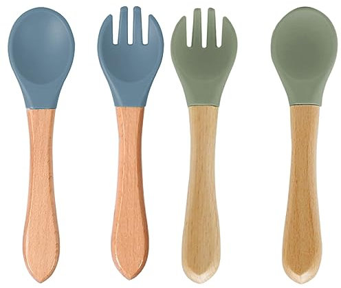 Tadipri Cuchara Tenedor De Bebé, 4 Piezas Cucharas De Bebé Silicona Suave Cuchara Y Mango De Madera, Cuchara De Aprendizaje Para Bebe, Silicona Grado Alimentario Sin Bpa