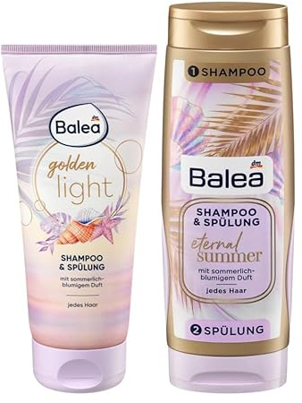 Balea 2er-Set Haarpflege: Shampoo & Spülung Golden Light reinigt & pflegt sanft für geschmeidig weiches Haar, 200 ml + XXL Twinpack Eternal Summer Shampoo & Spülung sommerlich blumig, 300 ml, (500 ml)