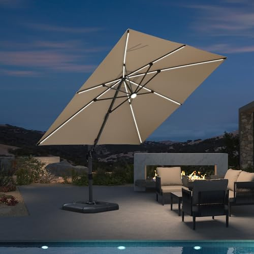 PURPLE LEAF Parasol Déporté 3 x 3 m Beige avec Bandes LED et Pied en Croix | Illumine l'espace, Toile 240 g/m² Protection UPF 50+, Rotation à 360°, 5 niveaux d’inclinaison, Parasol de jardin extérieur