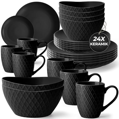 MIAMIO - Geschirrset/Tafelservice Keramik (24-Teilig) - Palmanova (Schwarz) | Modernes Tafelservice Steingut / große & kleine Teller, Schüsseln & Kaffeetassen, Keramik Geschirr Set - spülmaschinenfest