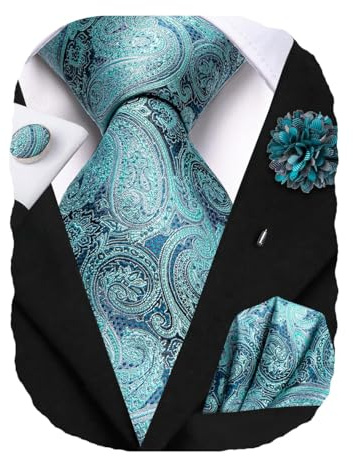 Hi-Tie Herren-Krawatten-Set, Seide, gestreift, gewebt, Krawatte mit Anstecknadel, Einstecktuch, Manschettenknöpfe, Set für Hochzeit, Party
