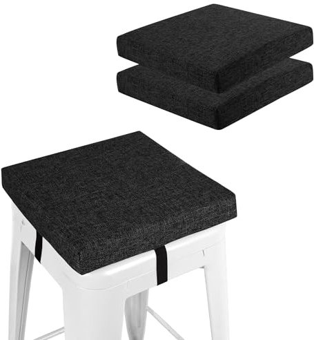 FlyGulls Square Bar Stool Cushions Non-Slip Chair Pads with Ties 2“ Thick Chair Cushions Set of 2 with Machine Washable Cover (30.5x30.5cm/12x12inch, Black)