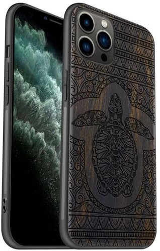 Carveit Coque en Bois pour iPhone 11 Pro Étui Protection Artistique Cover TPU Souple de téléphone Antichoc Compatible avec Apple 11 Pro Etui (Bois Sombre-La Tortue de Timeless)