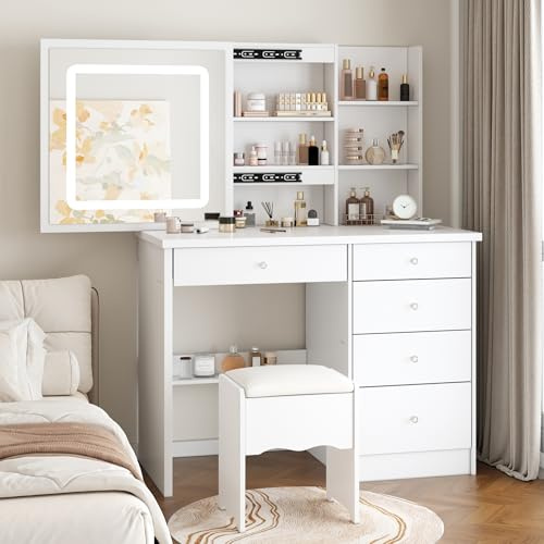 PREMTURE Dressing Table & Stool Set with 3 Colours Sliding LED Lights Mirror, Vanity Desk Set with Large Storage Space, 100W x 50D x 135H cm Makeup Table with 5 Drawers for Bedroom Furniture (White)