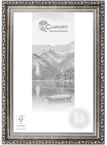CLAMARO 'WIEN' Bilderrahmen Antik 29x42 Massivholz | Silber | 60 mm breite Shabby Chic Vintage Barock Leiste | Holzrahmen inkl. Acrylglas, Rückwand, Metall Aufhänger