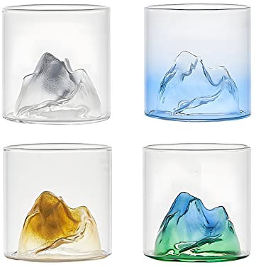 CDQL Mountain Whiskey Glasses Set of 4, Premium 6 Oz Glasses for Old Fashioned Cocktails, Unique Iceberg Design, for Whiskey Lovers (NA)