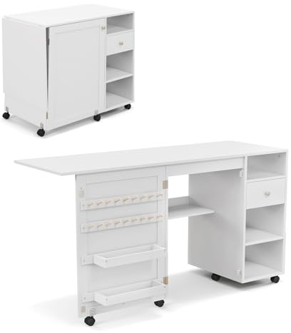 LIFEZEAL Faltbarer Nähtisch, Mobiler Schrank für Nähmaschine mit Aufbewahrungsregalen & Haken, Nähschrank Nähmaschinenschrank mit Rollen, Weiß