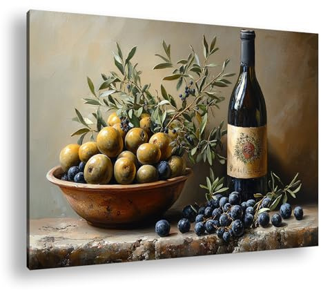 Leinwandbild Rustikale Komposition aus Oliven, Zweigen und Wein Format: 70x50 cm XXL Kunstdruck Bild auf Keilrahmen/Wandbild/Wohnzimmer Deko