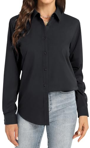J.VER Women's Blouses & Shirts Long Sleeve Button Down Shirt Regual Fit Formal Business Work Office Casual Wrinkle Free Ladies Tops Black XS