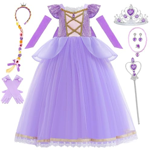 Snyemio Costume Rapunzel Bambina Vestito Principessa Viola Abito Travestimento Carnevale Halloween Compleanno Festa, 7-8 Anni