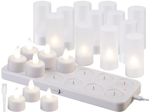 Lunartec LED-Teelichter Akkus: 24er-Set Akku-LED-Teelichter mit Kunststoff-Dekogläsern & Ladestation (Elektrische mit, mit Langer Leuchtdauer, Flamme)