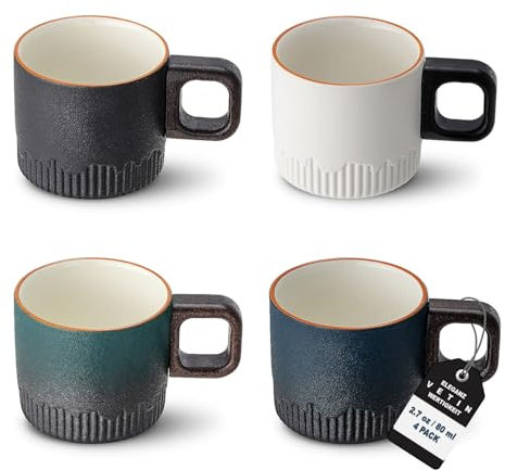 VETIN 4er Set 60 ml Keramik Espressotassen mit Holzgriff, Espresso Tassen Modernes Design für Stilvollen Kaffeegenuss (4-Teiliges Set - 02)