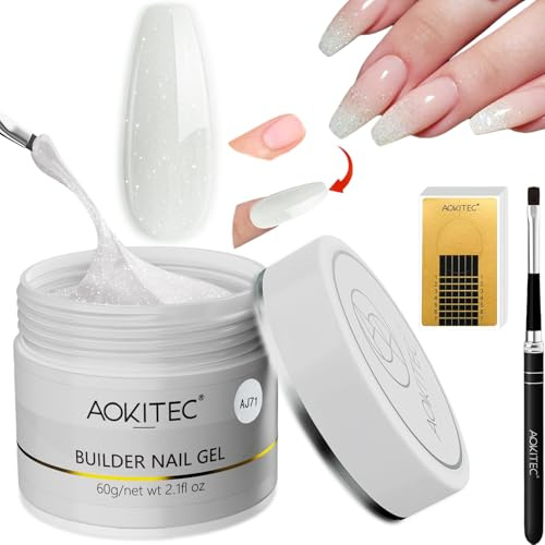Aokitec uppbyggnadsgel för naglar – 60 g vitt glitter UV hård gel med 100 nagelformer och borstar för reparation och förstärkning av brutna naglar, manikyrset för hemmabruk, perfekt för nybörjare