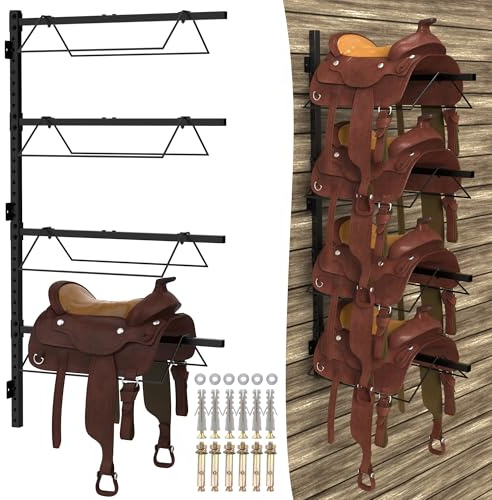 RTOSY 4 Tier Saddle Rack Wall Mount, Horse Saddle Rack for English & Western Saddles, Tack Storage, Pad, Accessories etc for Horses (Black)