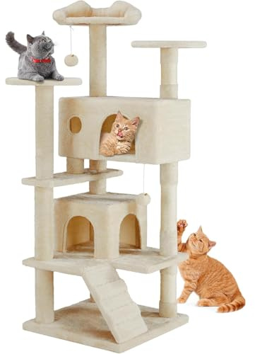 DUMOS Katzen Kratzbaum, 135 cm Katzenbaum Kletterturm, Katzenkratzbaum, Cat Tree mit Höhle, Komplett mit Sisal Umwickelt, Scratching Post, Aktivitätskratzbäume für Katzen Jeden Alters (Beige)