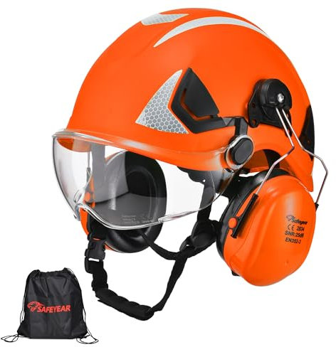 SAFEYEAR Safety Hard Hat with Anti-scratch Glasses, Earmuffs, CE EN397 Safety Helmets with Chin Strap Light Reflective Ventilated ABS Hard Hats for Industrial Workers 6-Point Suspension