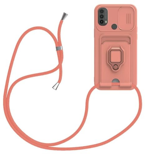 xinyunew Funda con Cuerda para Motorola Moto E20/E30/E40, Silicona Líquida Carcasa con Cordón [Ajustable Correa de Cuello Cadena] [360 Anillo función de Soporte Cubierta], Pink