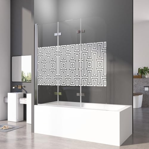 Duschwand für Badewanne 120x140 cm Badewannenfaltwand 3-teilig Faltbar 6mm ESG Glas Nano Beschichtung Duschtrennwand mit Weißem Muster