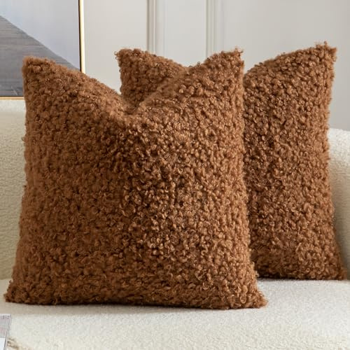 Yaertun 2er Set Kissenbezug Teddywolle Faux Pelz Dekorative Kissenbezüge Plüsch Bouclé Sofakissen Couchkissen Dekokissen Zierkissenbezug Deko Kissenhülle Schlafzimmer Wohnzimmer 50x50 cm Braun