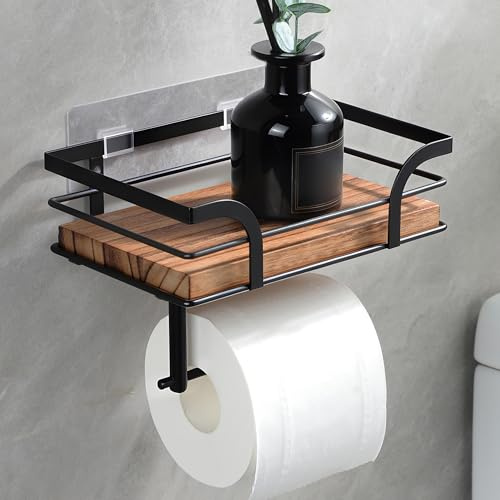 YIGII Toilettenpapierhalter Mit Ablage-Klopapierhalter Mit Feuchttücherbox, Klopapierhalter Holz, Wc Papier Halterung Ohne Bohrung, Selbstklebend&Wandmontage für Badzimmer