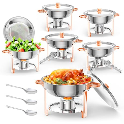 Garvee Buffets Chauffants Ronds 6PCS Chafing Dish, Plat-réchaud Set Professionnel 5 L avec Cadre Pliable pour Buffets Traiteurs Fêtes Buffets Serveurs Mariages Pique-niques