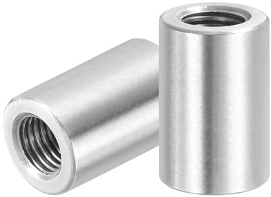 PATIKIL M10x1.25mm Pitch 304 Stainless Steel Round Coupling Nuts, 2 Pcs 25mm / 0.98 Length Metric Fine Thread Connector Sleeve Rod Bar Stud Fully Threaded Nut Fasteners, Silver Tone