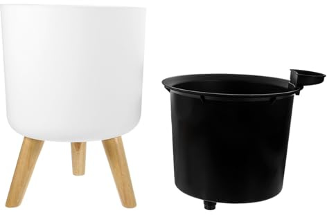 Maceta con Patas de Madera ABS de Color Claro para Plantas de Interior | Diseño Sencillo, con Forro Incluido, Base de Madera, Uso en Casa y Jardín Decorativo, para Suculentas