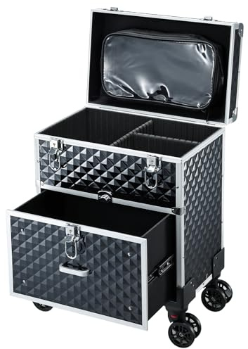 Valise Maquillage avec roulettes Malette Maquillage Professionnelle avec Casiers Valise Coiffure Malette Onglerie pour Maquilleurs, Coiffeurs et Techniciens en Ongles, avec Sac Détachable, Noir