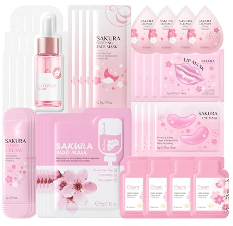 Sakura Skincare Set, Sleepover Pamper Party Supplies for Girls | 32Pcs Travel Kit with Cleanser,Face Serum,Face Cream, Mud Mask,Sleeping Face Mask,Lip Mask,Eye Patch & Hand Cream