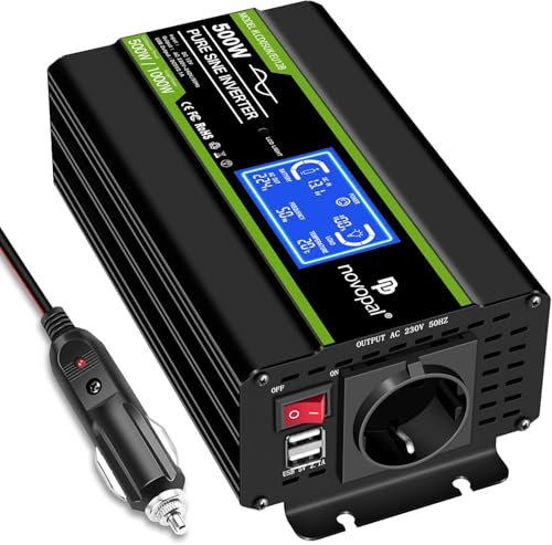 NOVOPAL 500W Wechselrichter 12V auf 230V 220V Reiner Sinus Spannungswandler | Intelligenter LCD-Anzeige, 2USB-Ausgang, EU-Stecker Für Auto KFZ Wohnwagen LKW