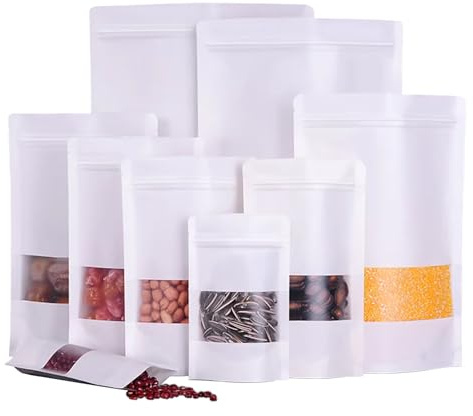 Bolsa Kraft con Ventana, Bolsas Papel con Ventana, Bolsas Hermeticas, Aplicables para Nueces, Dulces, Hojas de Té, Especias etc. Blanco 18x30cm 100Piezas