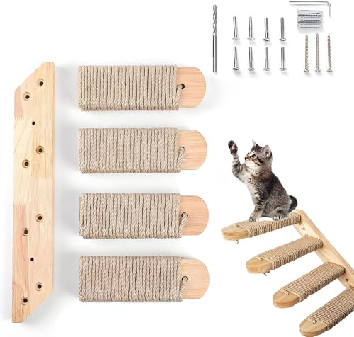 4 Steps Cat Stairs Climbing Wall Wooden Cat Ladder with Jute Rope and up to 15 kg Load Capacity for Wall Mounting 40 cm Cat Wall Cat Toy for Climbing Play