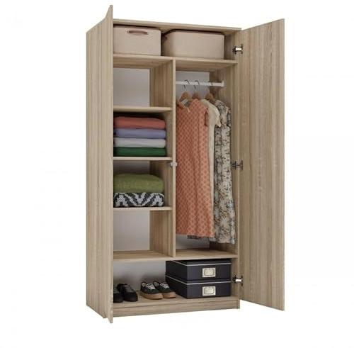 CDF Kleiderschrank Breit Kinderzimmer Schlafzimmer 2-türig Zweitüriger Schrank Moderne Look Alles für die Montage Inklusive Garderobenschrank Klamotten Spielzeuge – SD 90 cm Sonoma