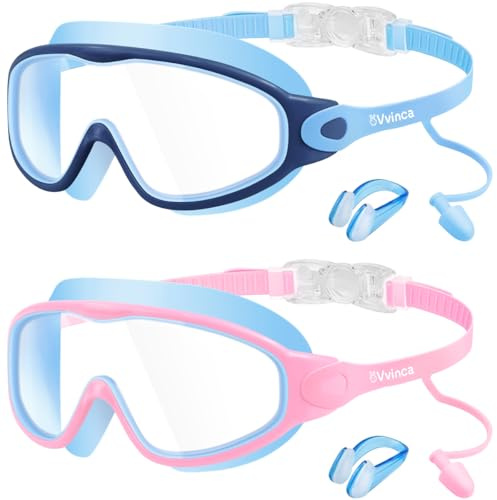 Vvinca Swim Goggles, Kids Goggles with Earplugs& Nose Clip Wide View Anti-Fog/UV Swimming Goggles for Age 3-15 Boys Girls