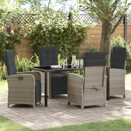 IBUQDDV 5-teiliges Garten Essset mit Kissen Hellgrau Poly Rattan für 4 Personen, Bequeme Polsterauflagen und Robuster Stahlrahmen, Esszimmergarnitur für Terrasse Balkon Gartenmöbel