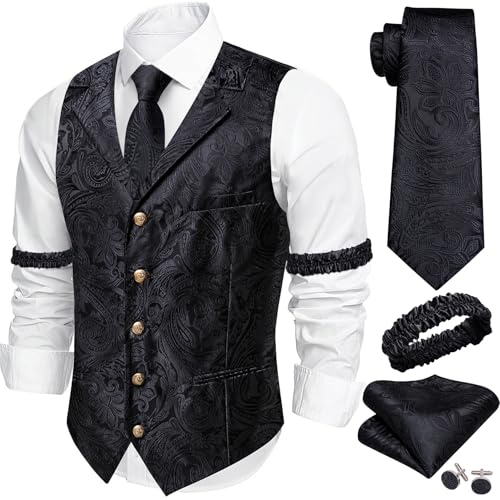 Barry.Wang Mens Paisley Waistcoat Lapel Collar Formal Silk Suit Vest | Vest Tie Sleeve Holder Set,Leisure/Formal Occasions,Jacquard Floral Vests,Party,Wedding,Prom,Business,Dress Tuxedo