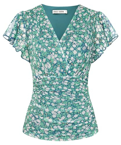 GRACE KARIN Camicetta estiva da donna con maniche corte a volant avvolgente increspato floreale casual top slim fit retrò boho top tunica camicetta, Verde floreale., M